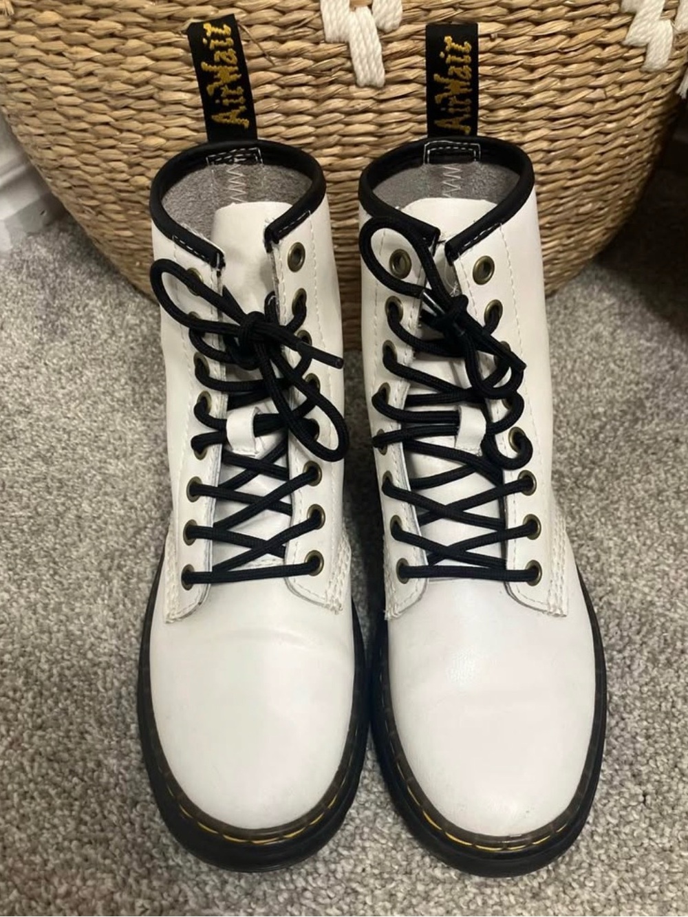 Dr. Martens White Leather Lace-Up Boots with Black Accents